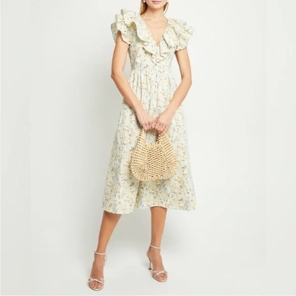 NWOT O.P.T. Kate Floral Ruffle Collar Midi Dress Women’s Small - Picture 2 of 16